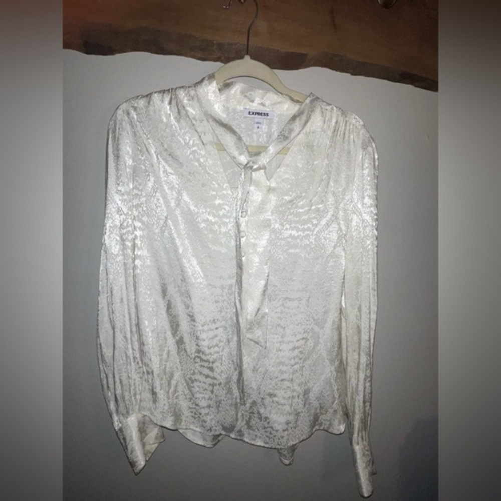 White/Ivory Silky Long Sleeve Neck Tie Blouse - Express